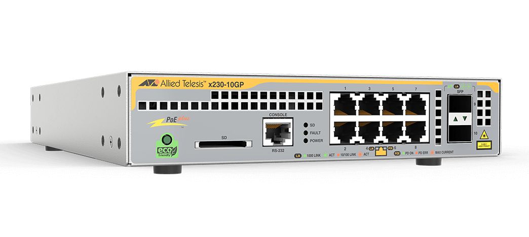 Allied Telesis 8-port Gigabit PoE Switch, 8x 10/100/1000T + 2x Gigabit SFP Ports, Layer