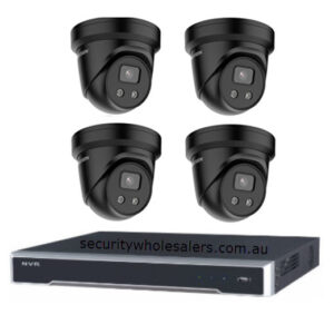 Hikvision 6MP 4CH CCTV Kit: 4 Black Outdoor Turret Cameras with AcuSense + 4CH PoE NVR 3TB (DS-2CD2366G2-IU-BLK, DS-7604NI-I1-4P)