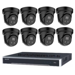 Hikvision 6MP 8CH CCTV Kit: 8 Black Outdoor Turret Cameras with Mic &amp; AcuSense + 8CH PoE NVR 4TB (DS-2CD2366G2-IU, DS-7608NI-M2/8P)