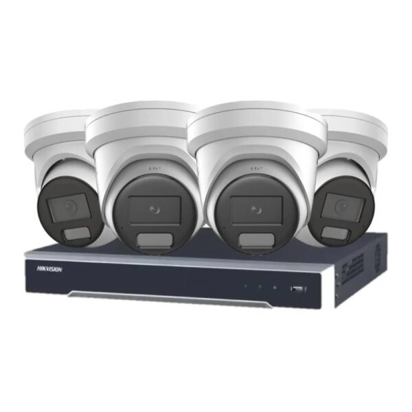 Hikvision 6MP 4CH ColorVu CCTV Kit: 4 Turret Cameras with Strobe Light &amp; Audio + 4CH PoE NVR (DS-2CD2367G2H-LISU-SL, DS-7604NI-I1/4P)